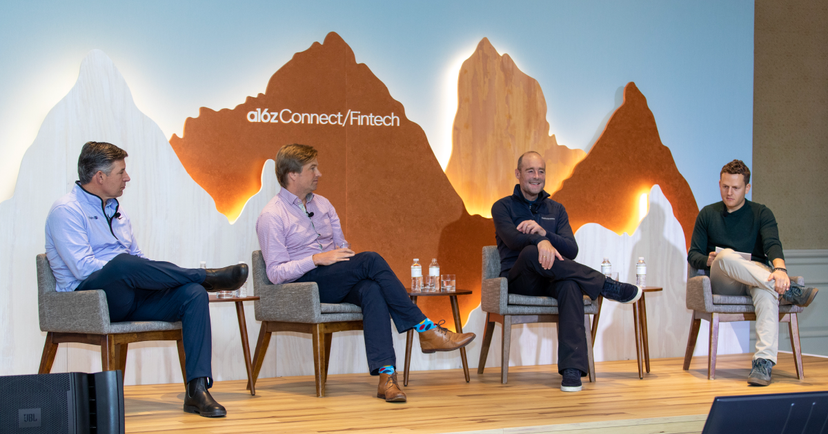 From left to right: SoFi CEO Anthony Noto, Wise CEO Kristo Käärmann, Adyen co-CEO Pieter van der Does, and a16z Partner Alex Immerman